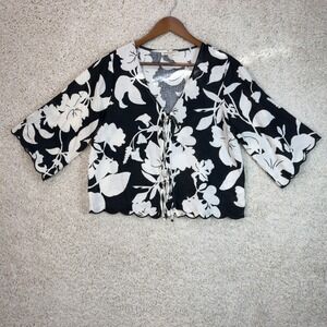 Christian Siriano Floral Tie Front Top Womens Small Black White Linen Scalloped